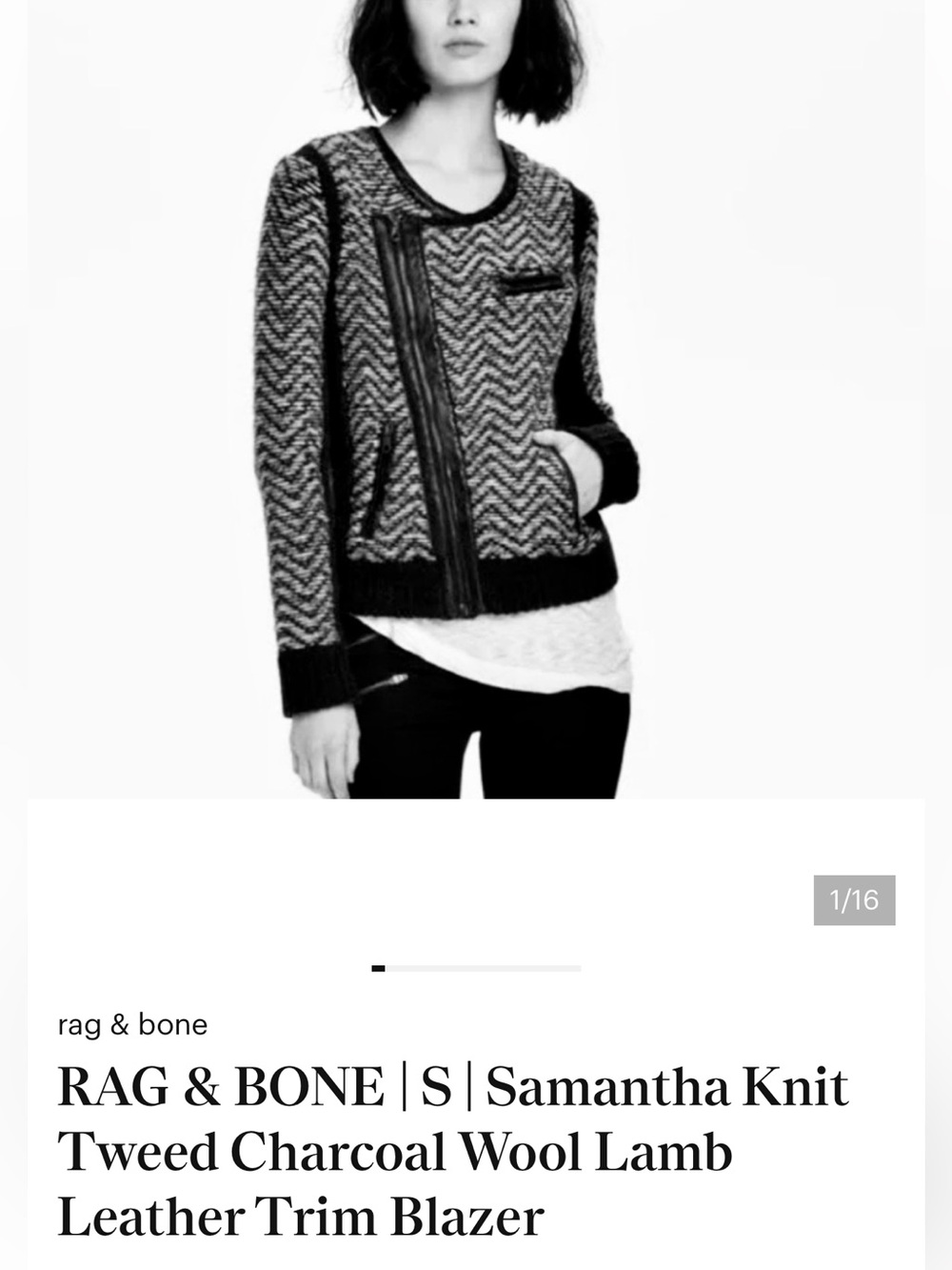rag & bone Samantha Knit Tweed Charcoal Wool Lamb Leather Trim Jacket - Picture 3 of 12